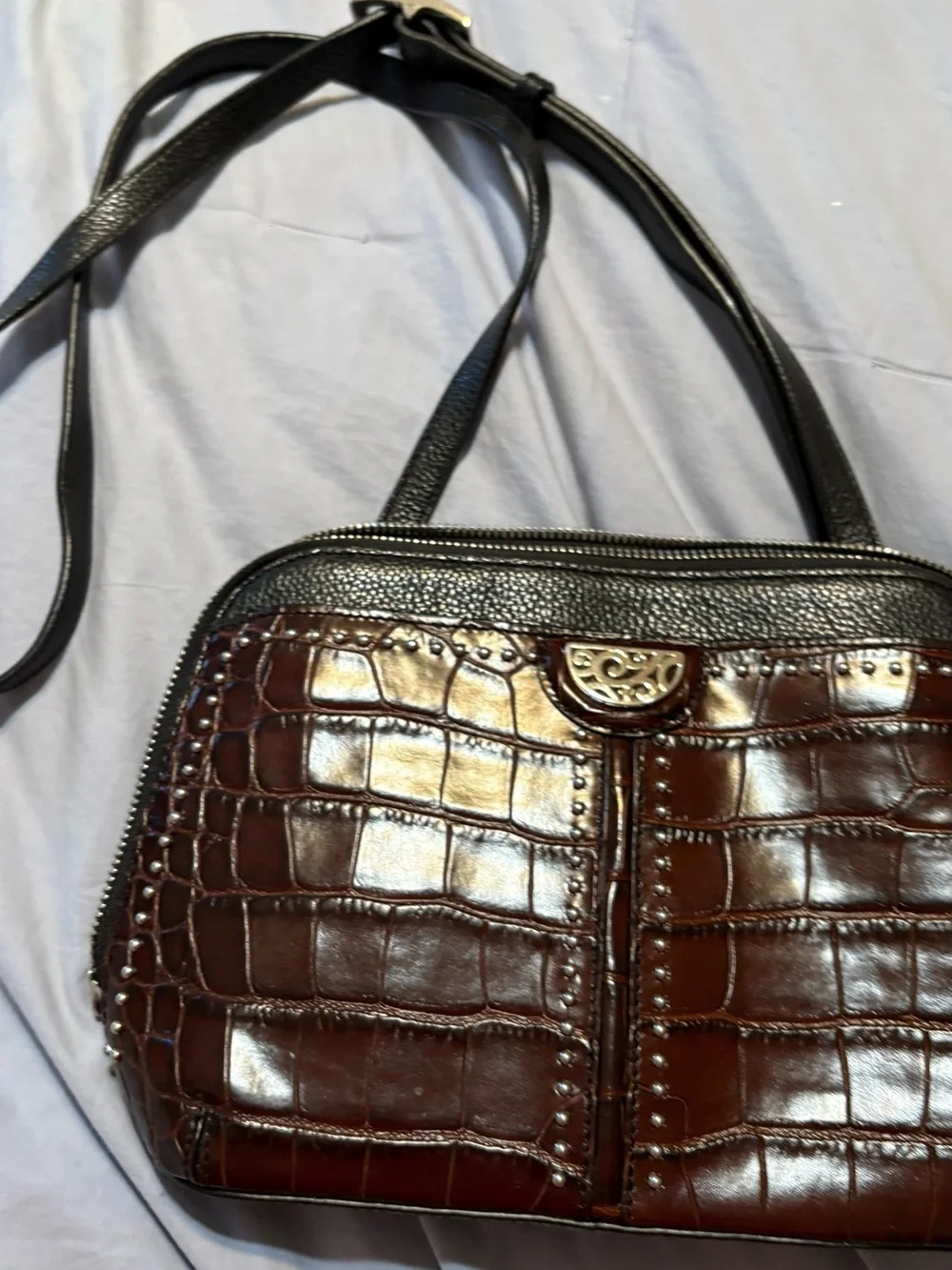 Brighton Brown Croc-Embossed Crossbody with Black Trim